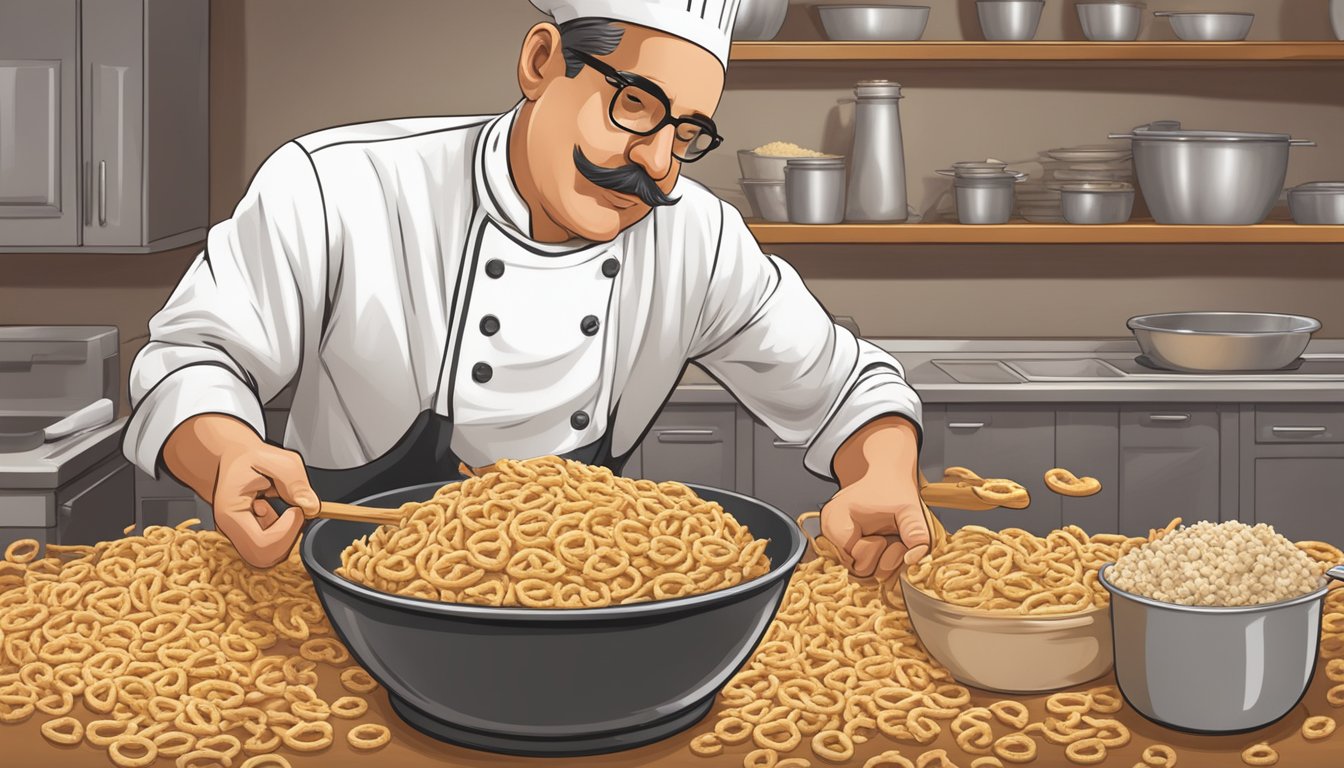 A chef mixing crushed pretzels into a bowl of batter, with a pile of stale pretzels in the background