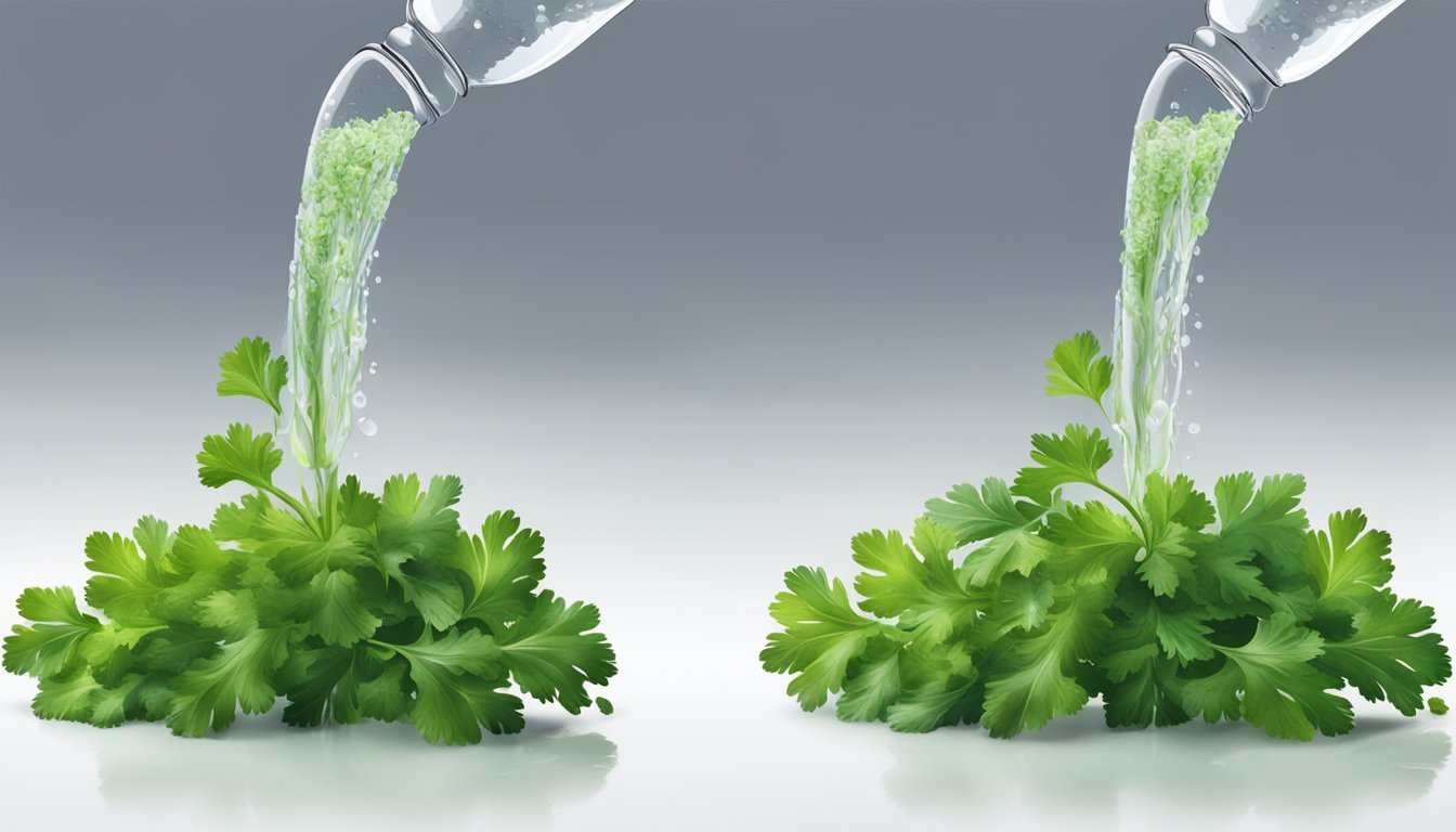 Fresh water being poured onto limp parsley, causing it to revive and stand upright