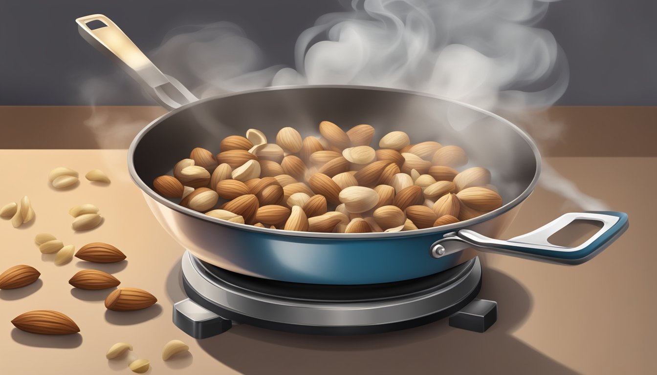 Nuts toasting in a pan, smoke rising, with a timer nearby to prevent burning