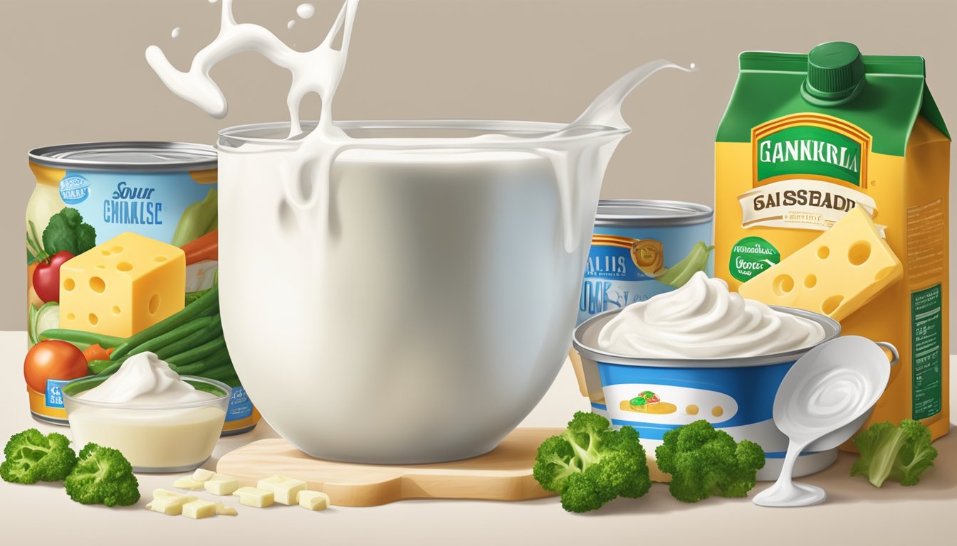 A carton of milk pouring into a pot of salty canned vegetables, while a block of cheese and a dollop of sour cream stand nearby