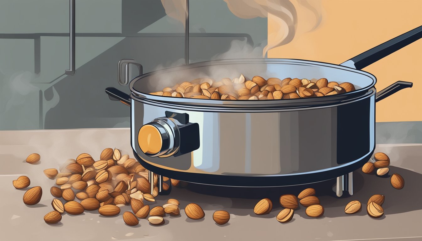 Nuts being stirred in a pan over low heat, smoke rising from a previously burnt batch next to it