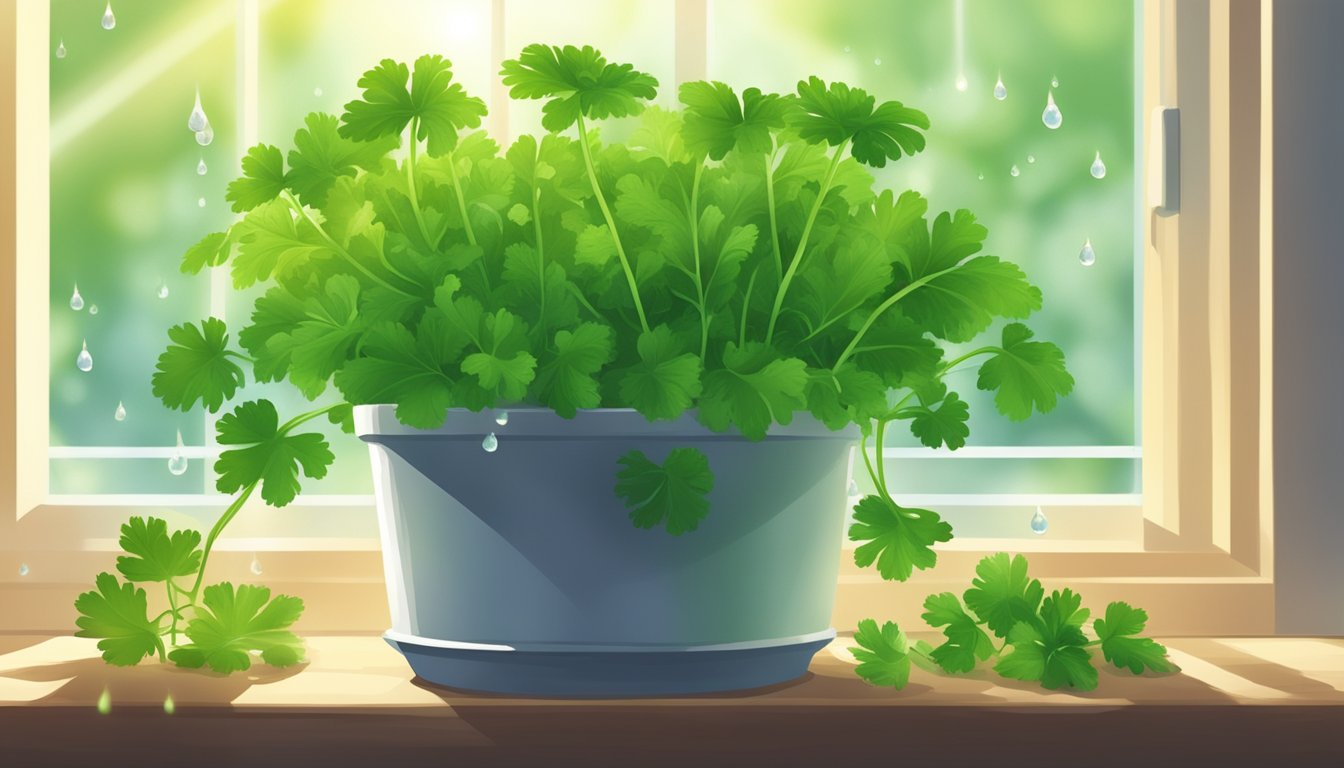 Fresh water droplets revive limp parsley leaves. Sunlight filters through the window, casting a warm glow on the herb pot