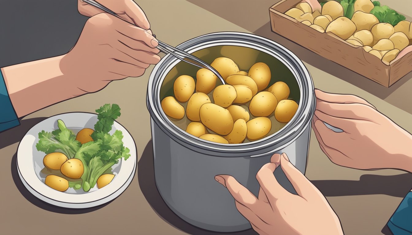 A person adding potatoes and sugar to a pot of canned vegetables