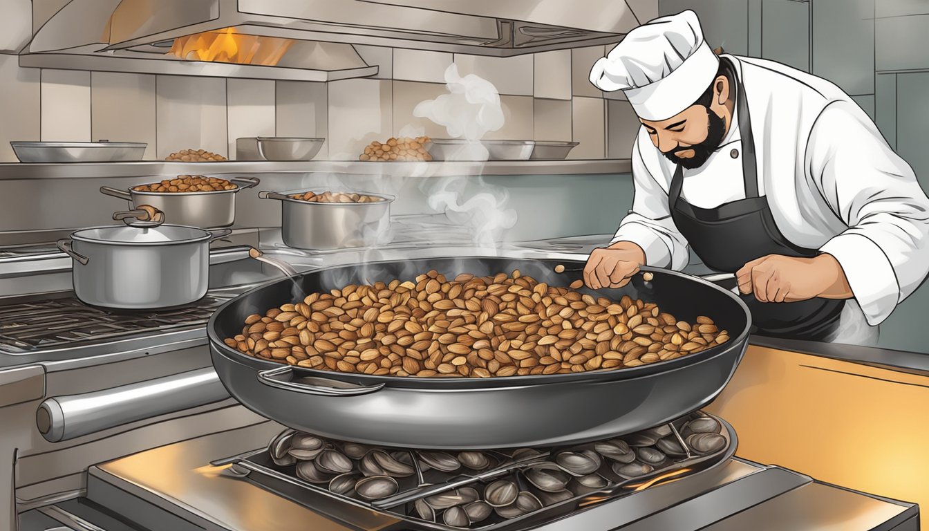 A chef adds recovered nuts to a sizzling pan, rescuing them from burning