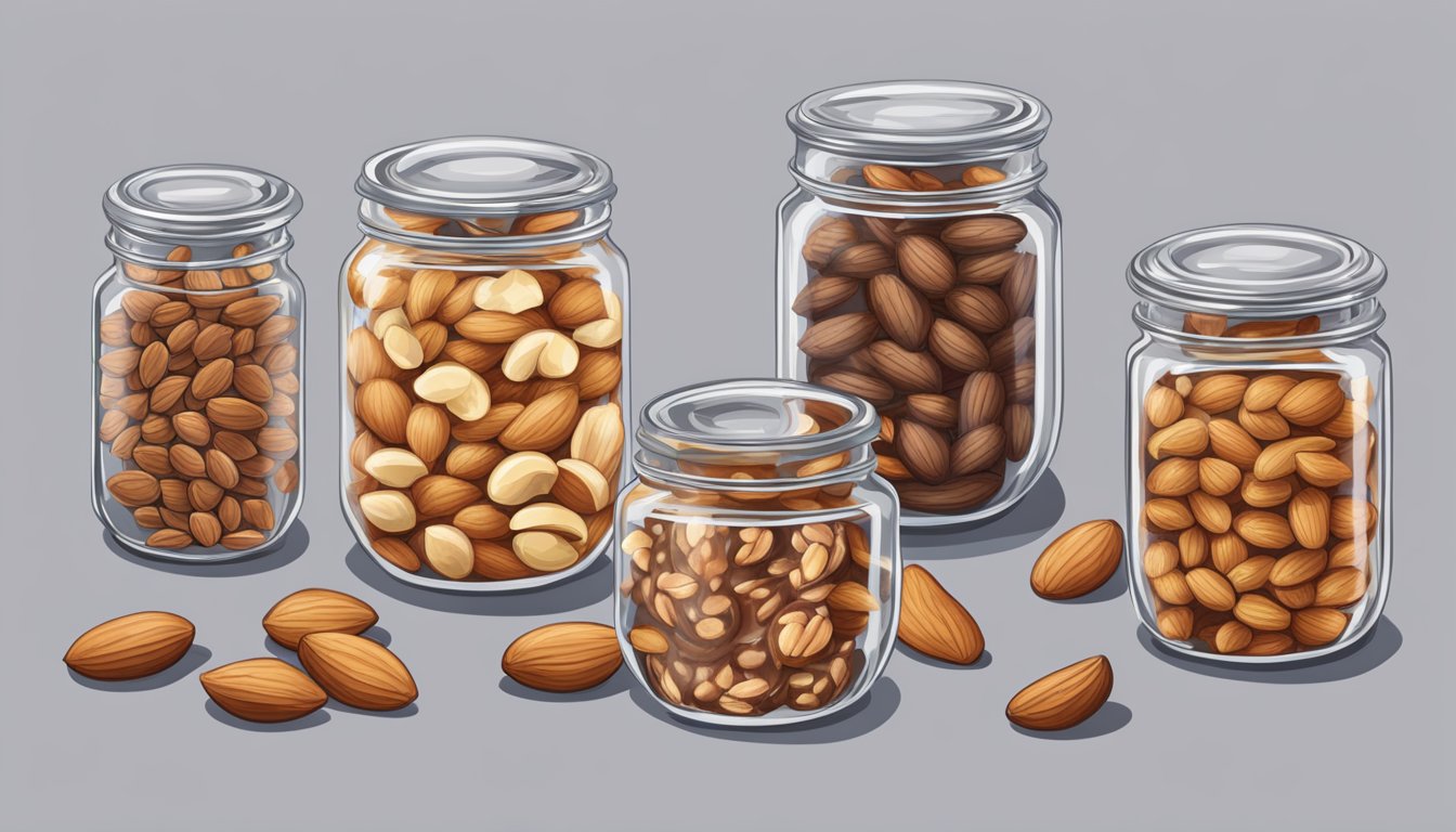 Toasted nuts in glass jars, some saved from burning