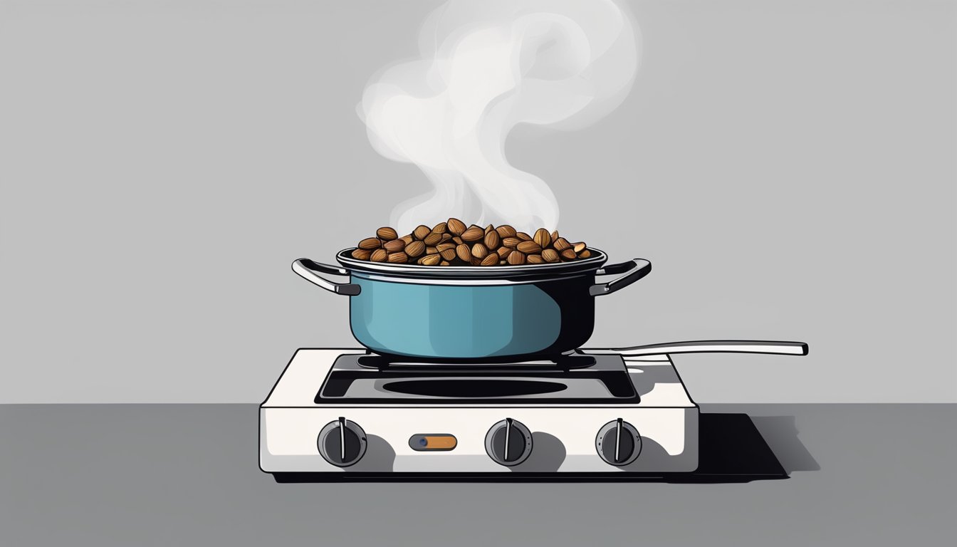 A small pot on a stovetop, smoke rising from burnt nuts