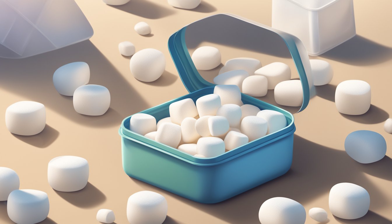 A sealed container of marshmallows with a small desiccant packet inside, placed in a cool, dry area away from direct sunlight