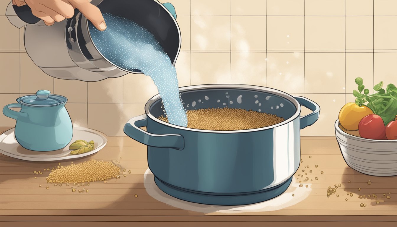 A hand pouring water over a pot of overcooked quinoa, steam rising