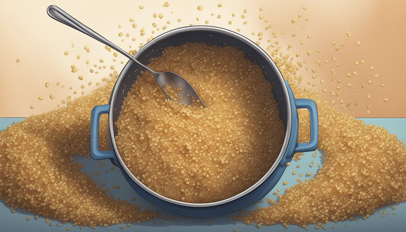 A pot of overcooked quinoa being salvaged with a fork, steam rising