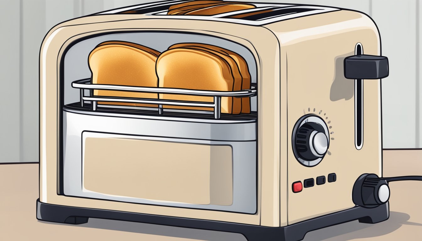 A toaster with a slice of bread inside, set to a lower heat setting to prevent burning