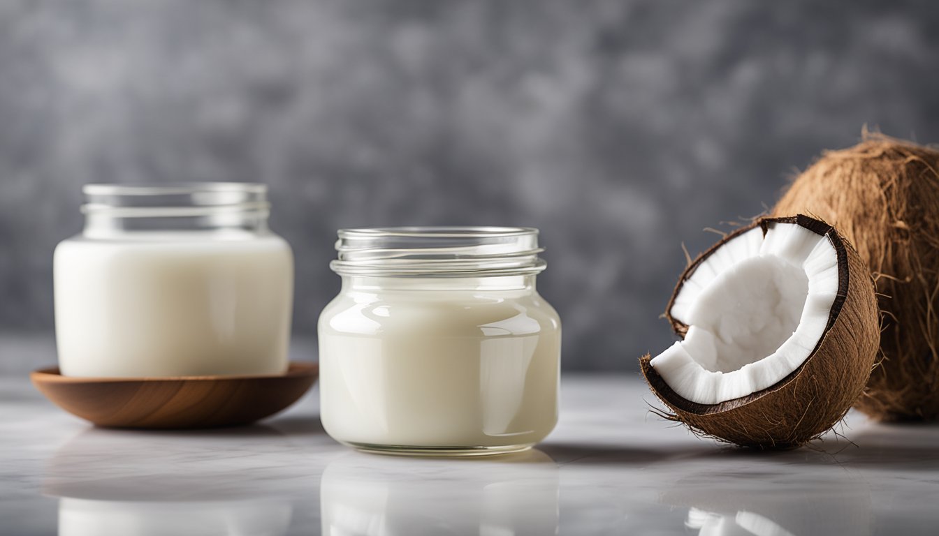 A clear jar of pure white coconut oil next to a creamy, textured jar on a marble countertop. Smooth vs. opaque