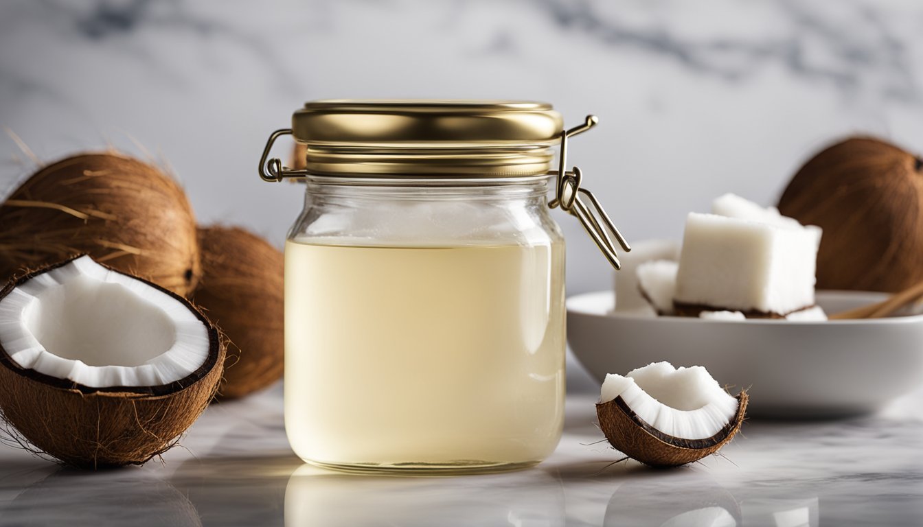 A glass jar of coconut oil on marble, lit softly, smooth and polished