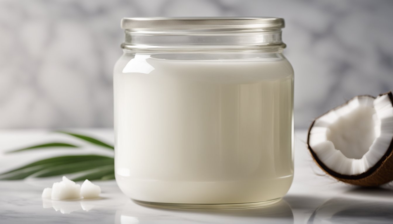 A glass jar of coconut oil on marble, lit softly, smooth and polished