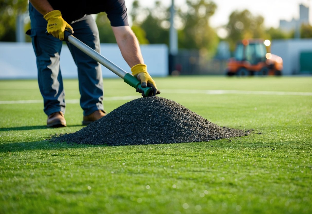 A worker spreading and leveling infill material onto artificial turf
