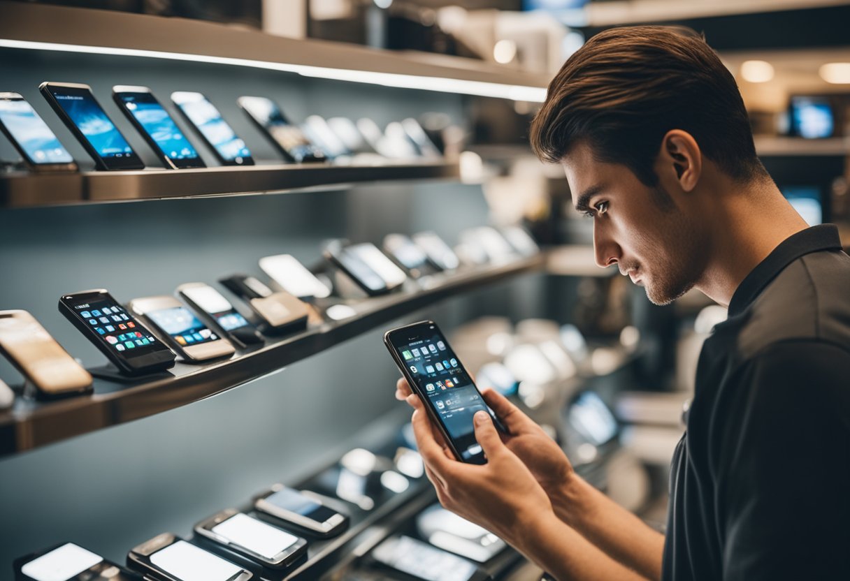 A person browsing through a variety of mobile phones in a physical store, comparing different models and features