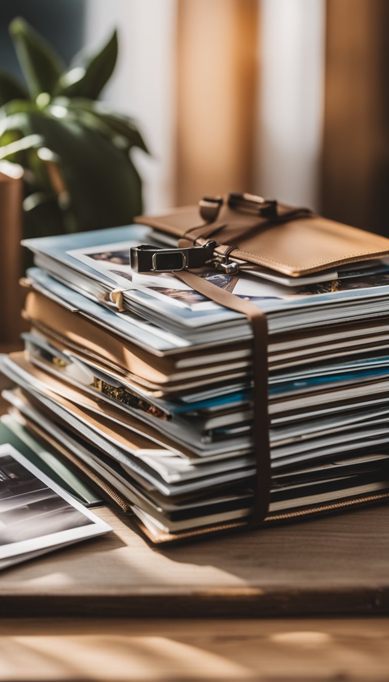 A family photo album and a stack of printed photos sit on a wooden table, surrounded by colorful frames and a camera