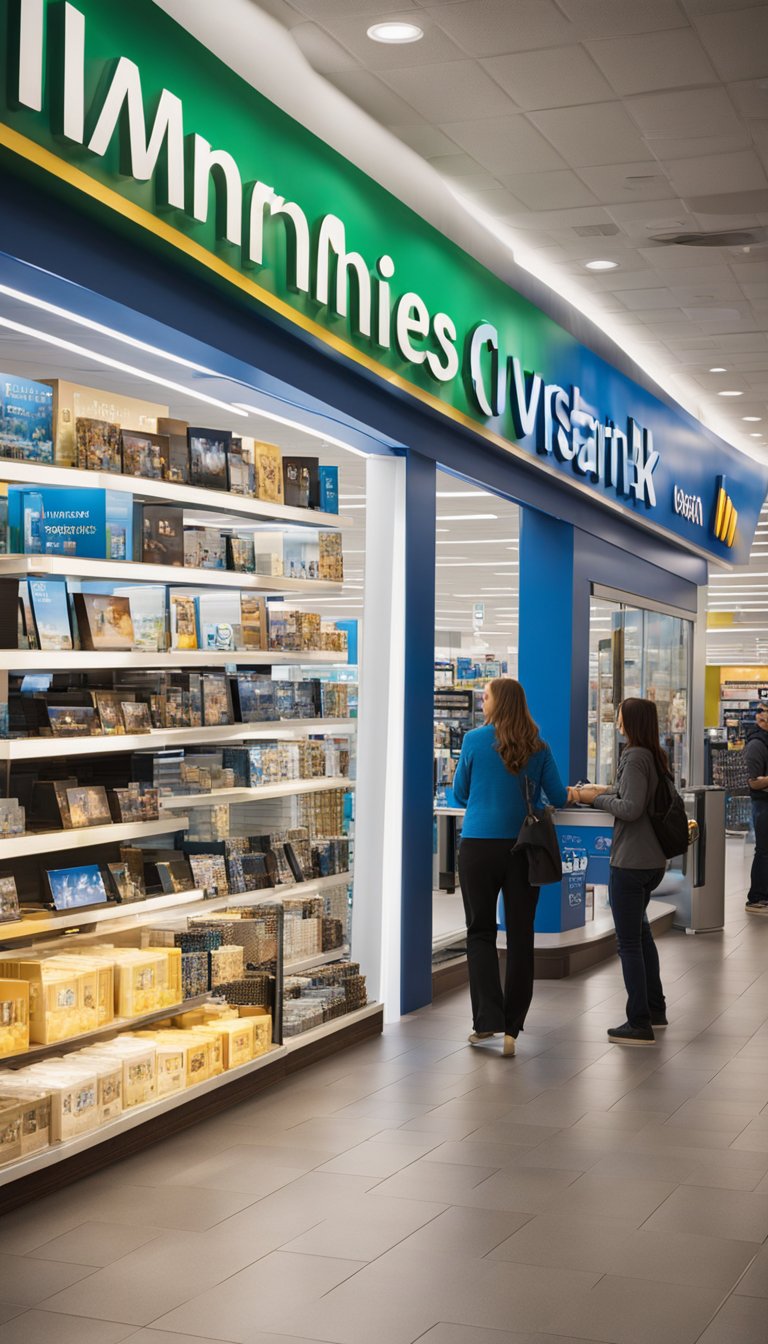 A bustling iMemories storefront contrasts with a quiet Walmart photo center. Customers browse digital conversion services at iMemories, while a lone employee assists a customer at Walmart