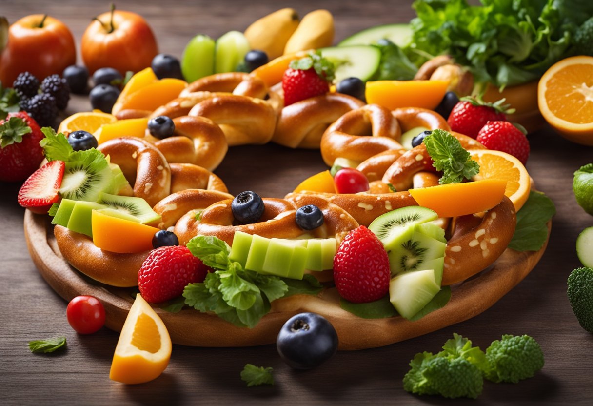 A close-up of a Sonic pretzel surrounded by colorful fruits and vegetables, with a nutrition label in the background