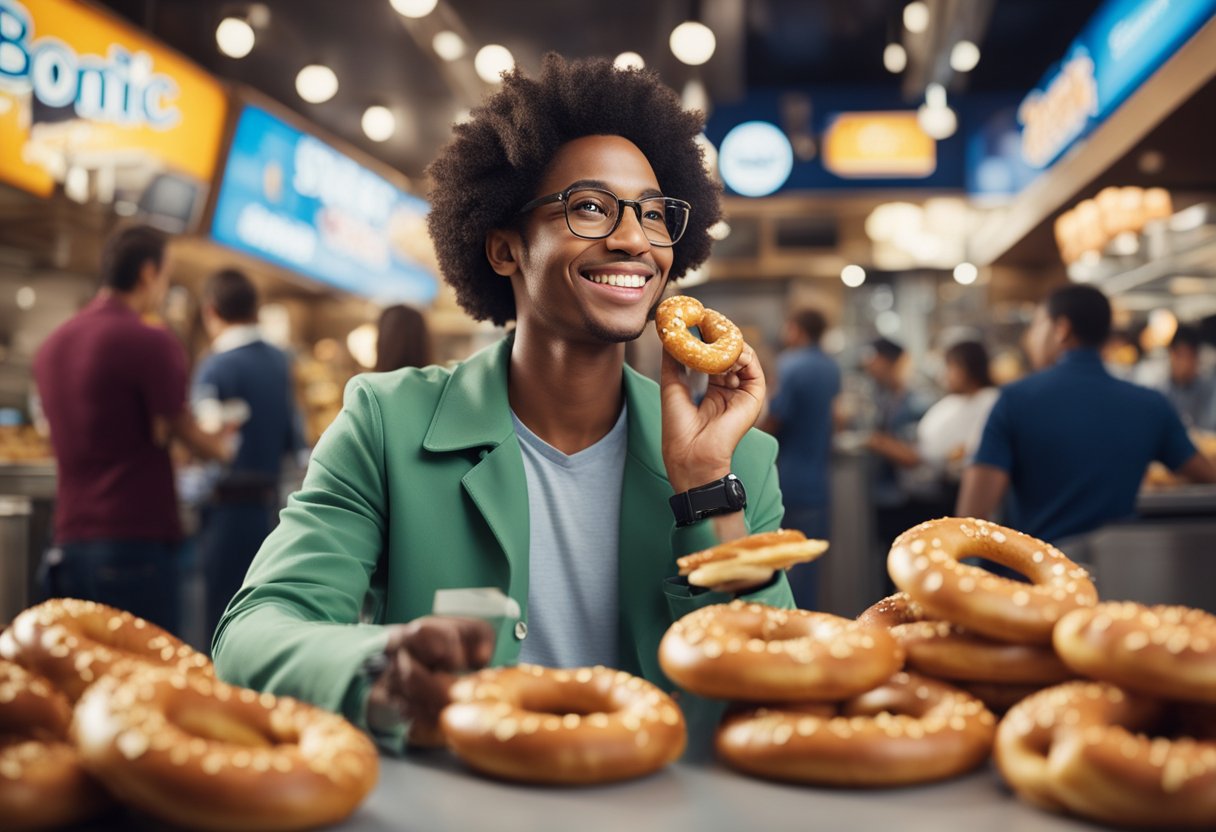 A person holding a Sonic pretzel with a satisfied expression, surrounded by other snack items and a busy, bustling environment