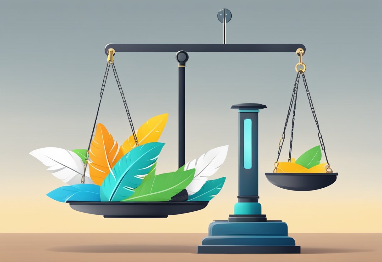 A scale weighing down traditional business costs while a feather lifts up affiliate marketing costs, showcasing the stark difference in expenses