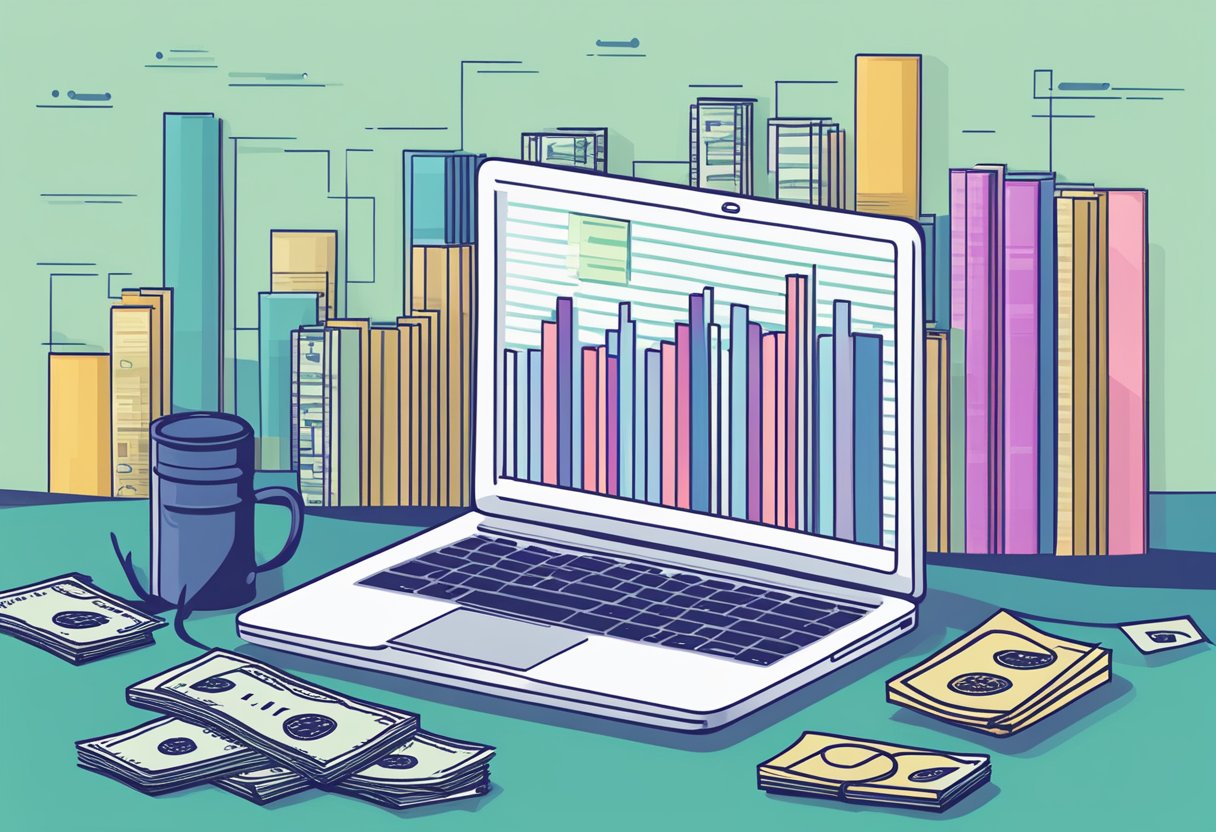 A laptop and a stack of cash sit side by side. The laptop displays a graph showing the low costs of affiliate marketing compared to traditional business models