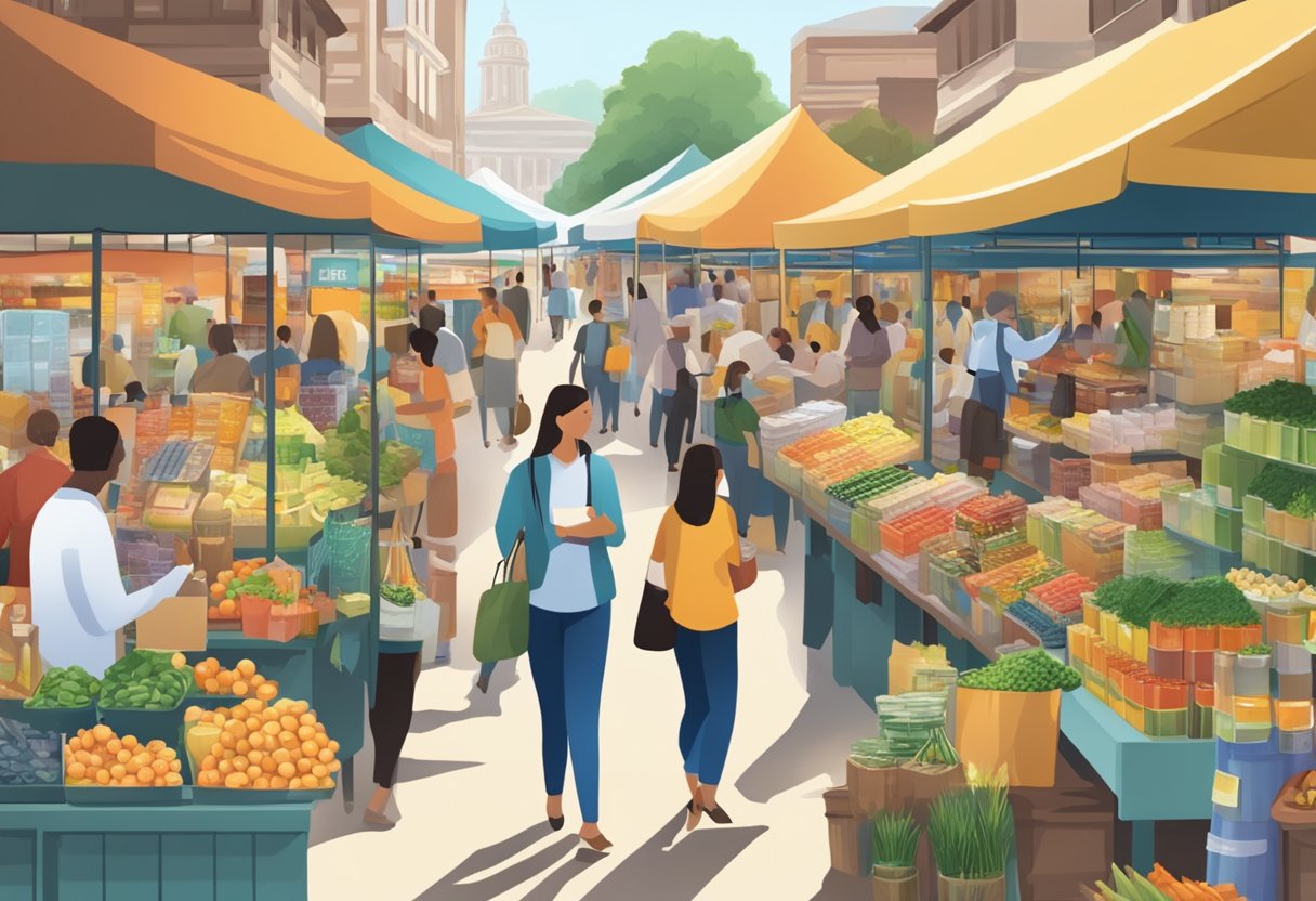 A bustling market with stalls selling health supplements, financial advice books, and relationship counseling services