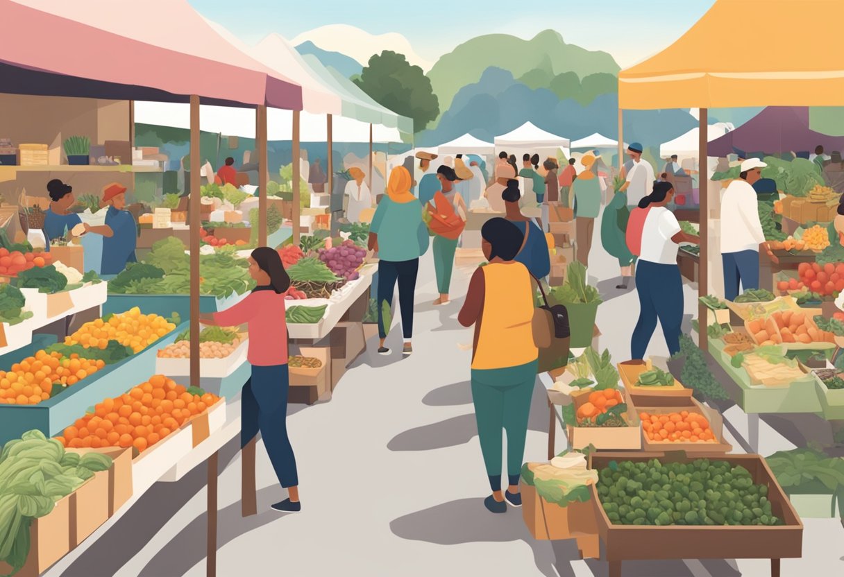 A bustling farmer's market with vendors selling fresh produce, organic skincare products, and handmade jewelry