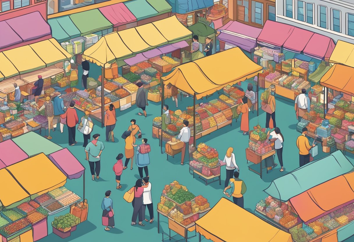 A bustling marketplace with vendors selling health, wealth, and relationship-related products. Customers eagerly browse the colorful displays