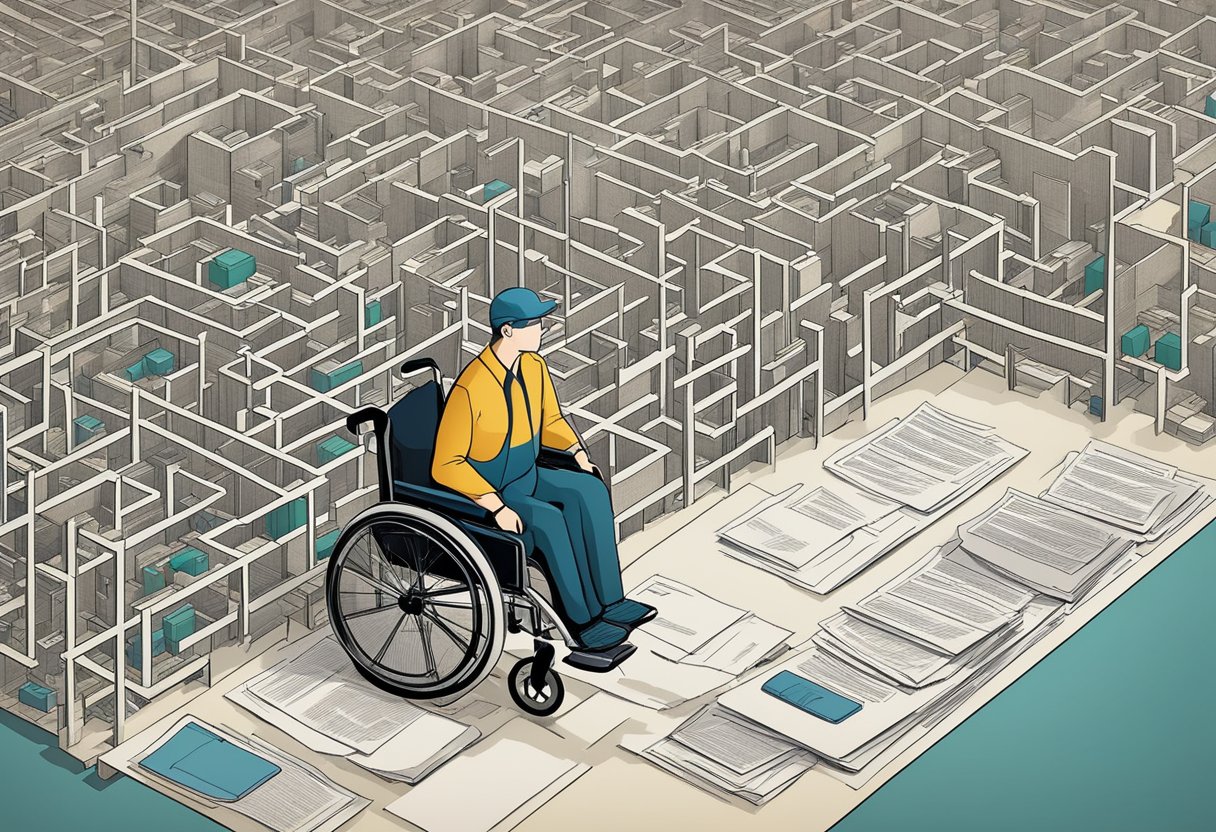 A person with a wheelchair navigating a complex maze of bureaucratic paperwork and regulations, symbolizing the challenges of understanding eligibility for the Disability Tax Credit