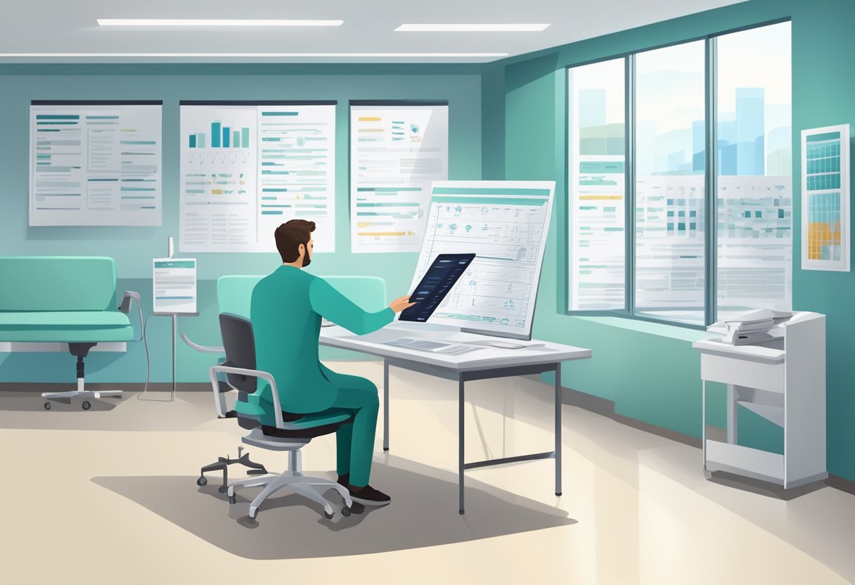 A doctor reviewing medical charts and eligibility criteria for life-sustaining therapy in a modern hospital office