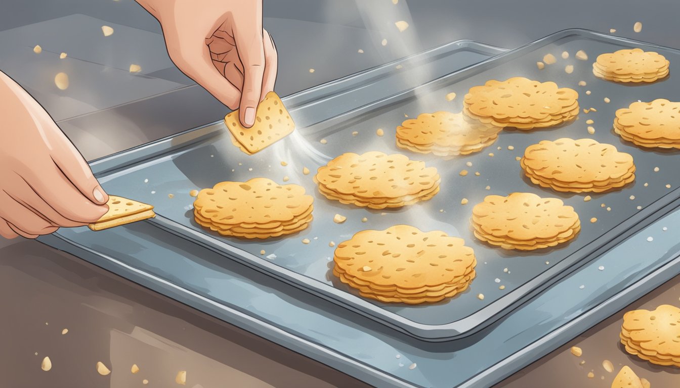 Stale crackers being placed on a baking sheet and sprayed with water before being baked in the oven