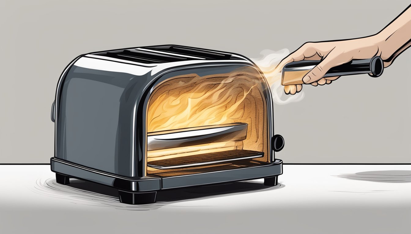 A hand reaching for a burnt slice of toast in a toaster, with smoke rising from the charred edges