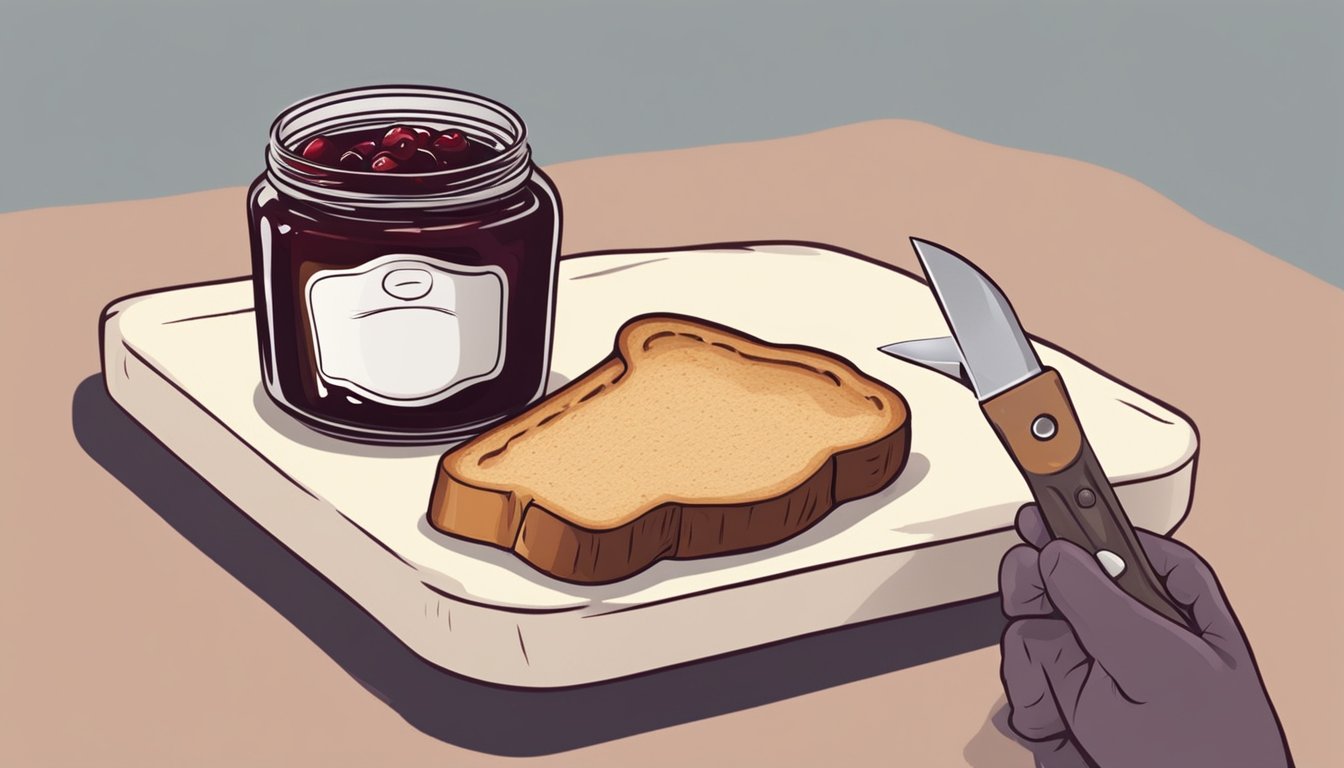 A hand reaching for a piece of burnt toast with a thoughtful expression. A jar of jam and a knife nearby, ready to transform the toast into a delicious snack