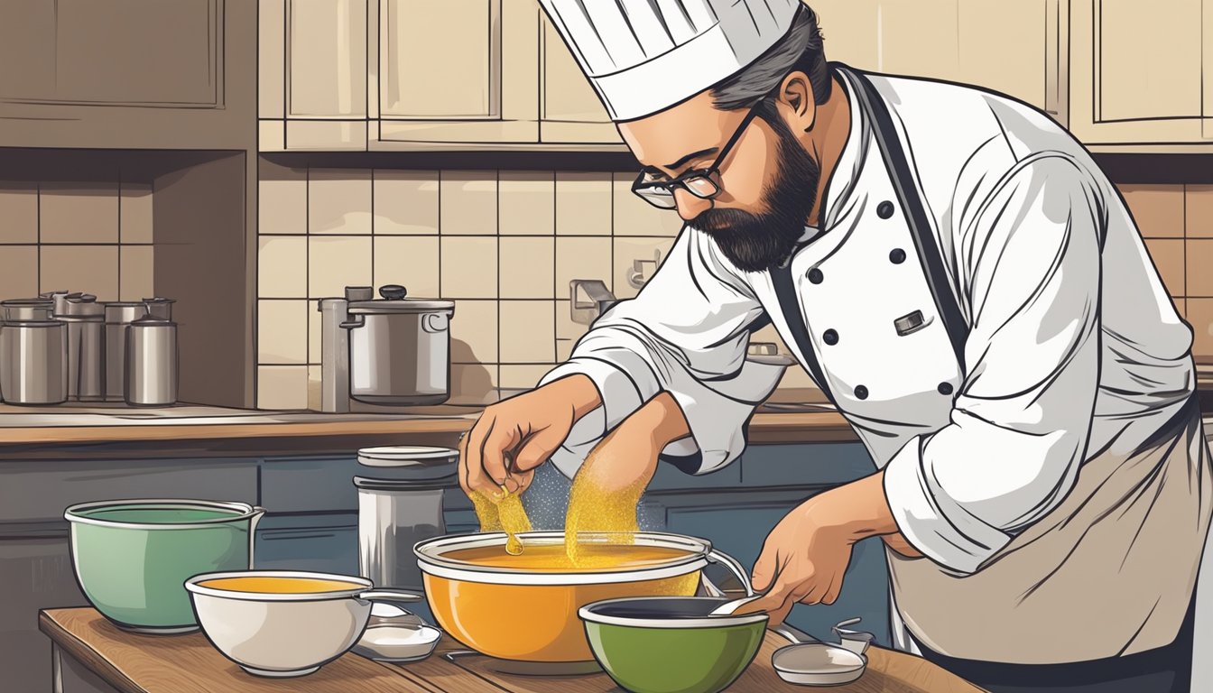 A chef adding sugar and acid to a pot of broth, tasting and adjusting the flavor profile