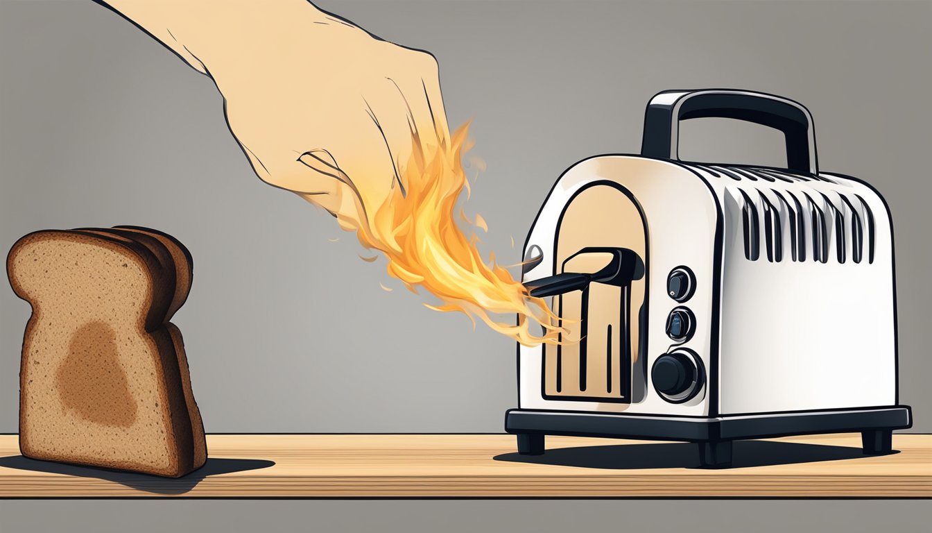 A hand reaching for a toaster with smoke rising from burnt toast, a fire extinguisher nearby