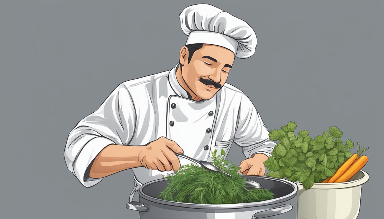 A chef adding fresh herbs to a pot of broth, with a spoon in hand, adjusting the seasoning