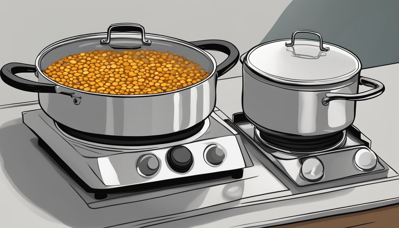 A pot of lentils simmering on a stove, steam rising, with a timer nearby showing a few minutes left