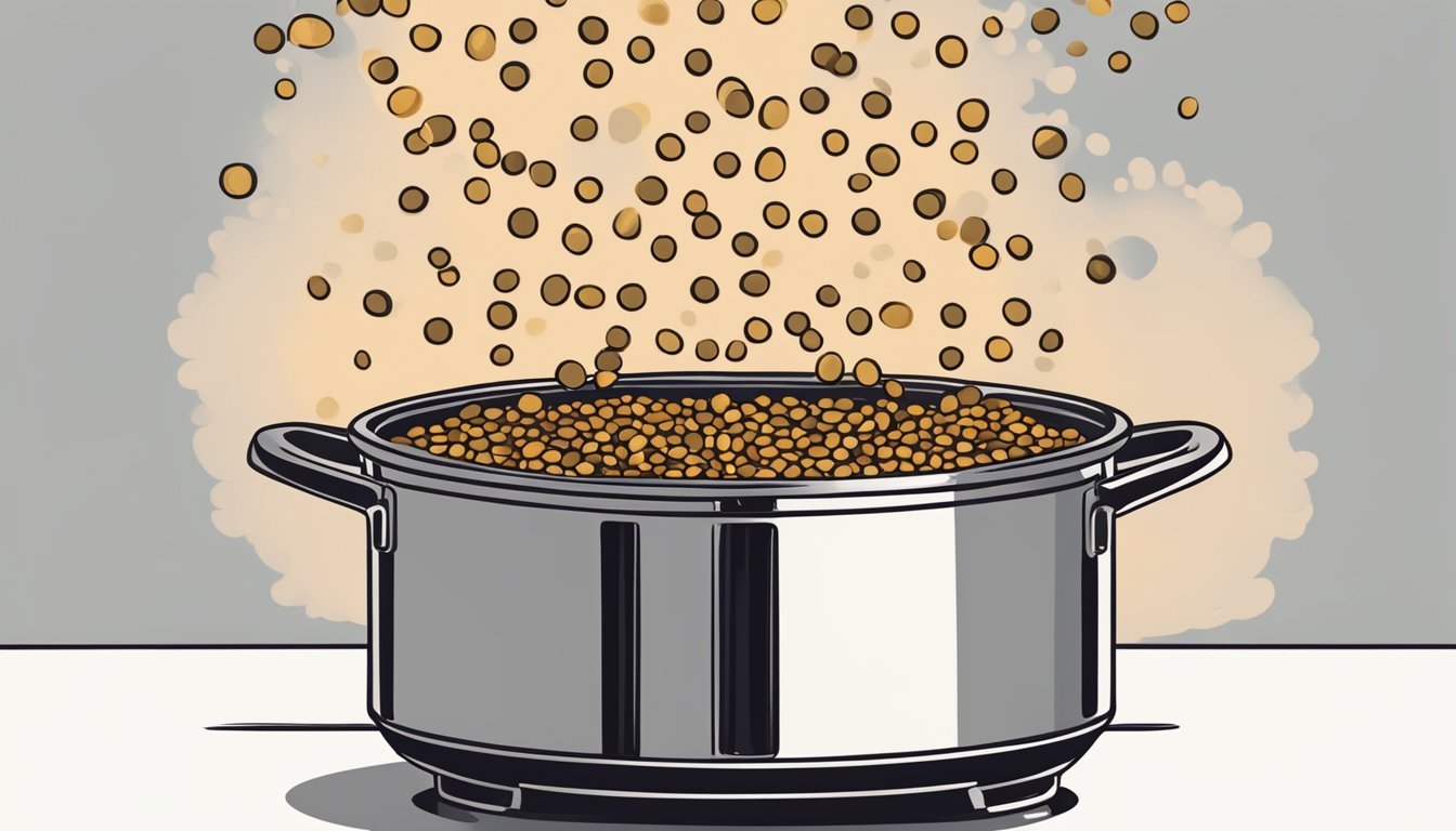 A pot of lentils boiling over on a stovetop, with steam rising and burnt lentils stuck to the bottom