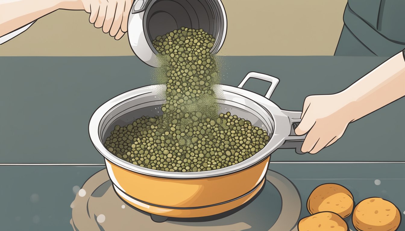 A pot of overcooked lentils being strained and rinsed under running water