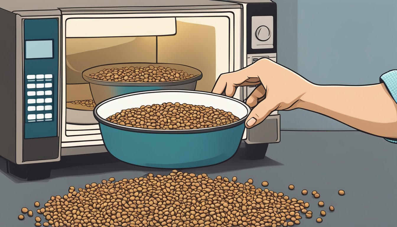 A hand reaching for a container of overcooked lentils, a microwave in the background