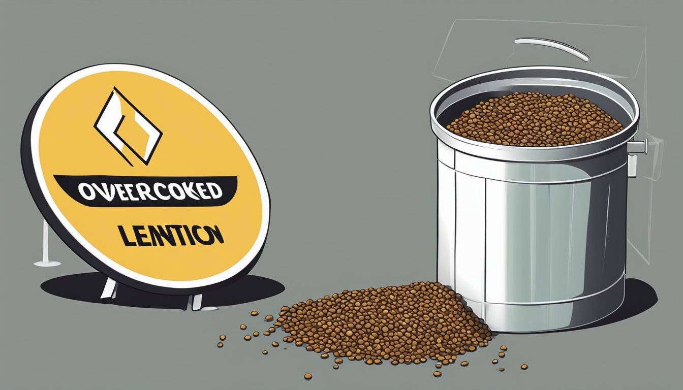 A pot of overcooked lentils being discarded into a trash bin, with a caution sign nearby