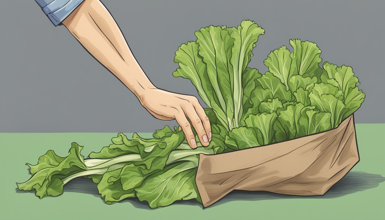 A hand reaching into a wilted lettuce bag, inspecting and discarding the limp leaves