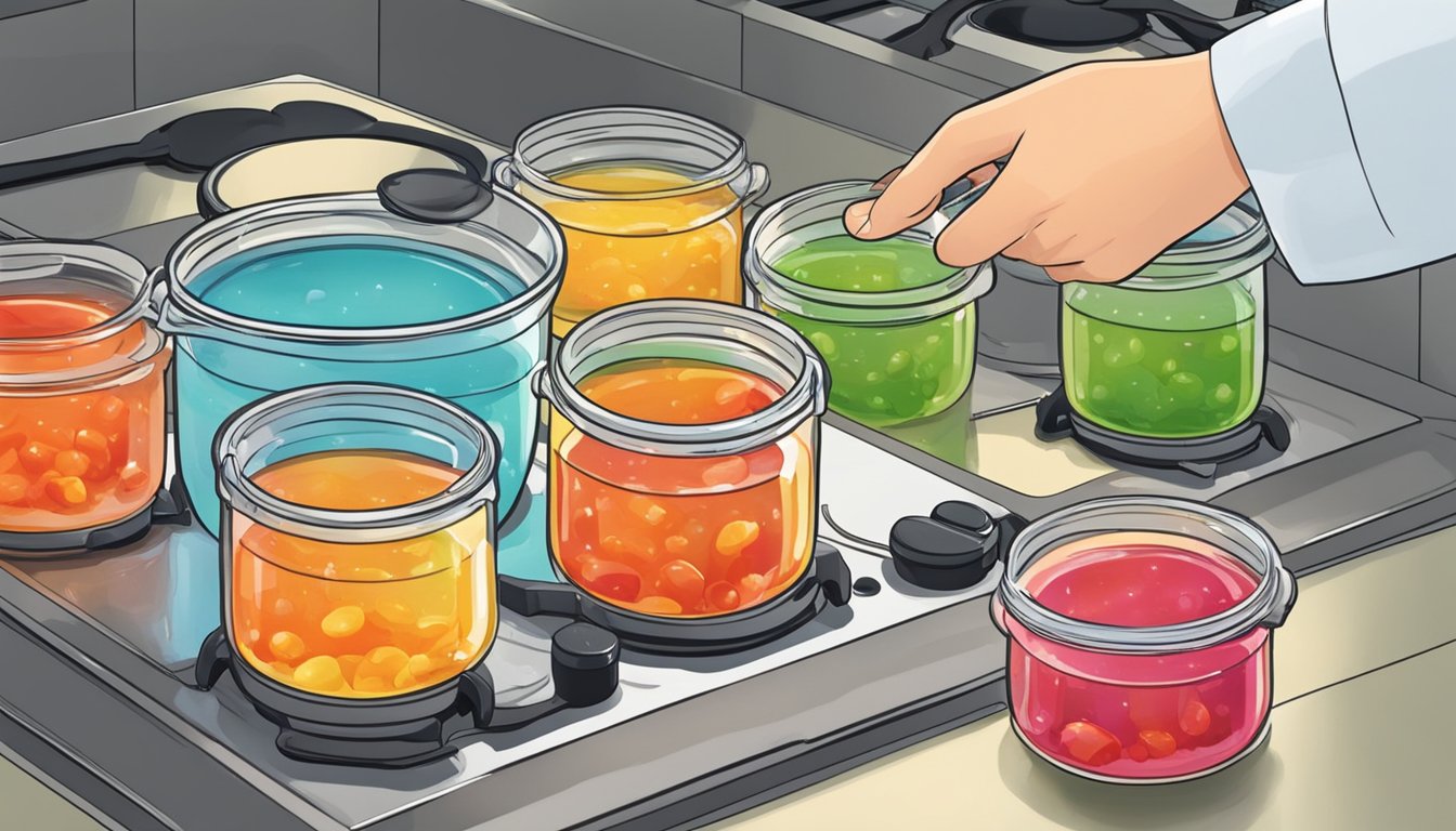 A pot of watery jelly simmers on a stovetop. A hand adds pectin and stirs. Jars and lids sit nearby