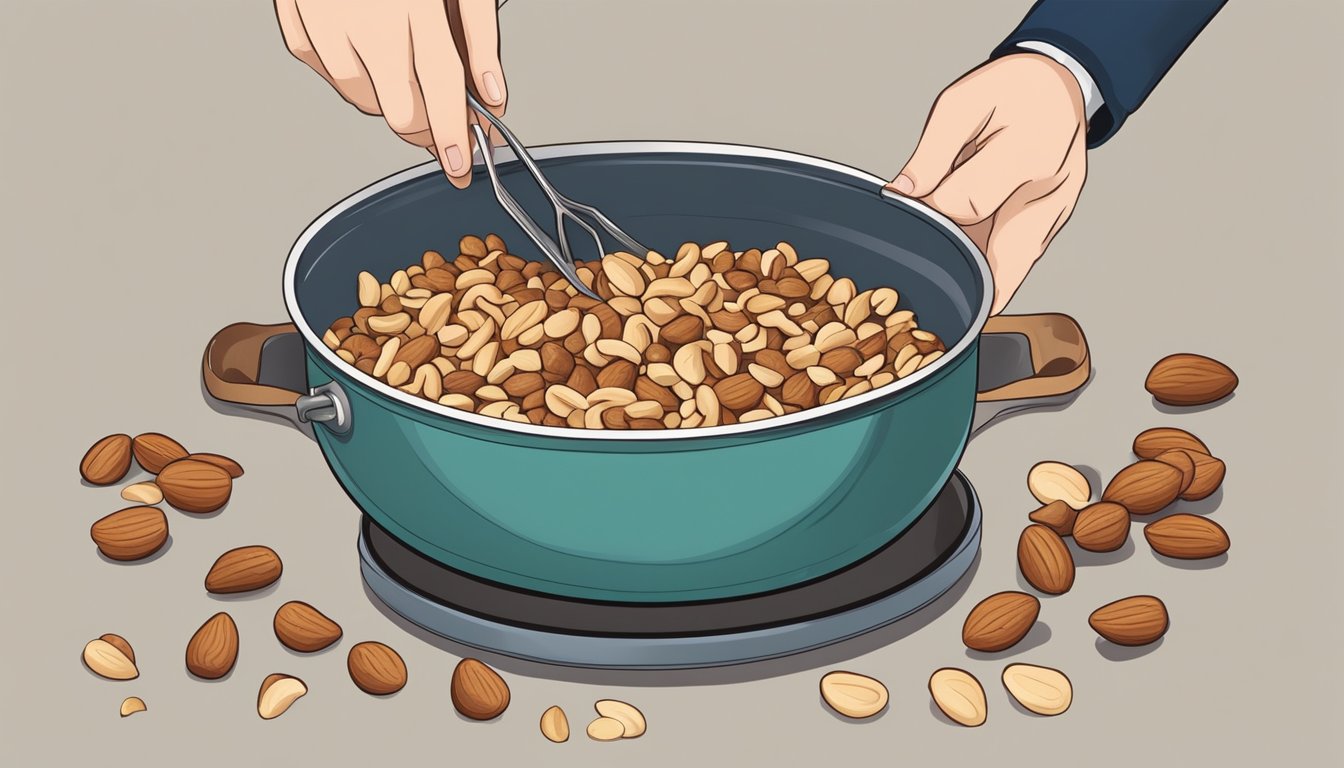 A person adding unsalted nuts to a pan with excessive salted roasted nuts, stirring to evenly mix and balance the flavors