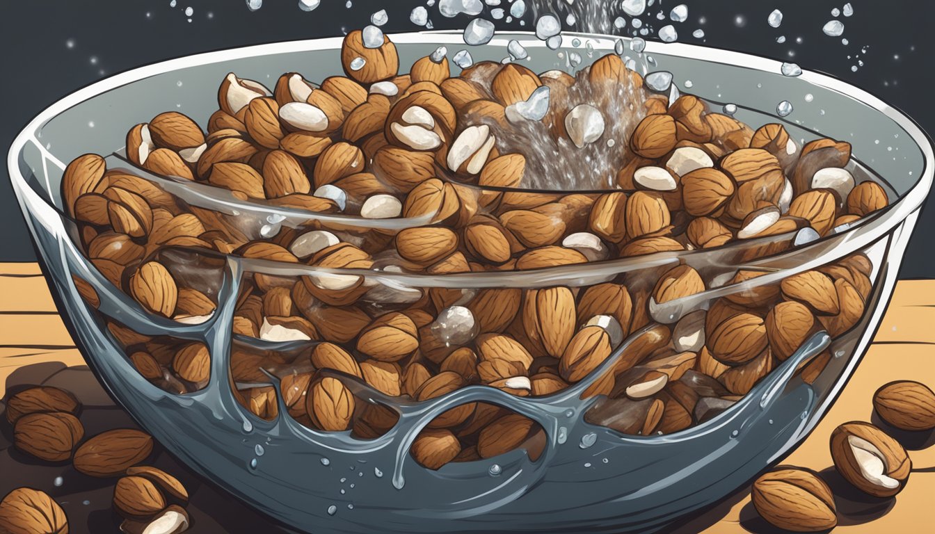 A bowl of roasted nuts being rinsed under a stream of water, with excess salt visibly washing away