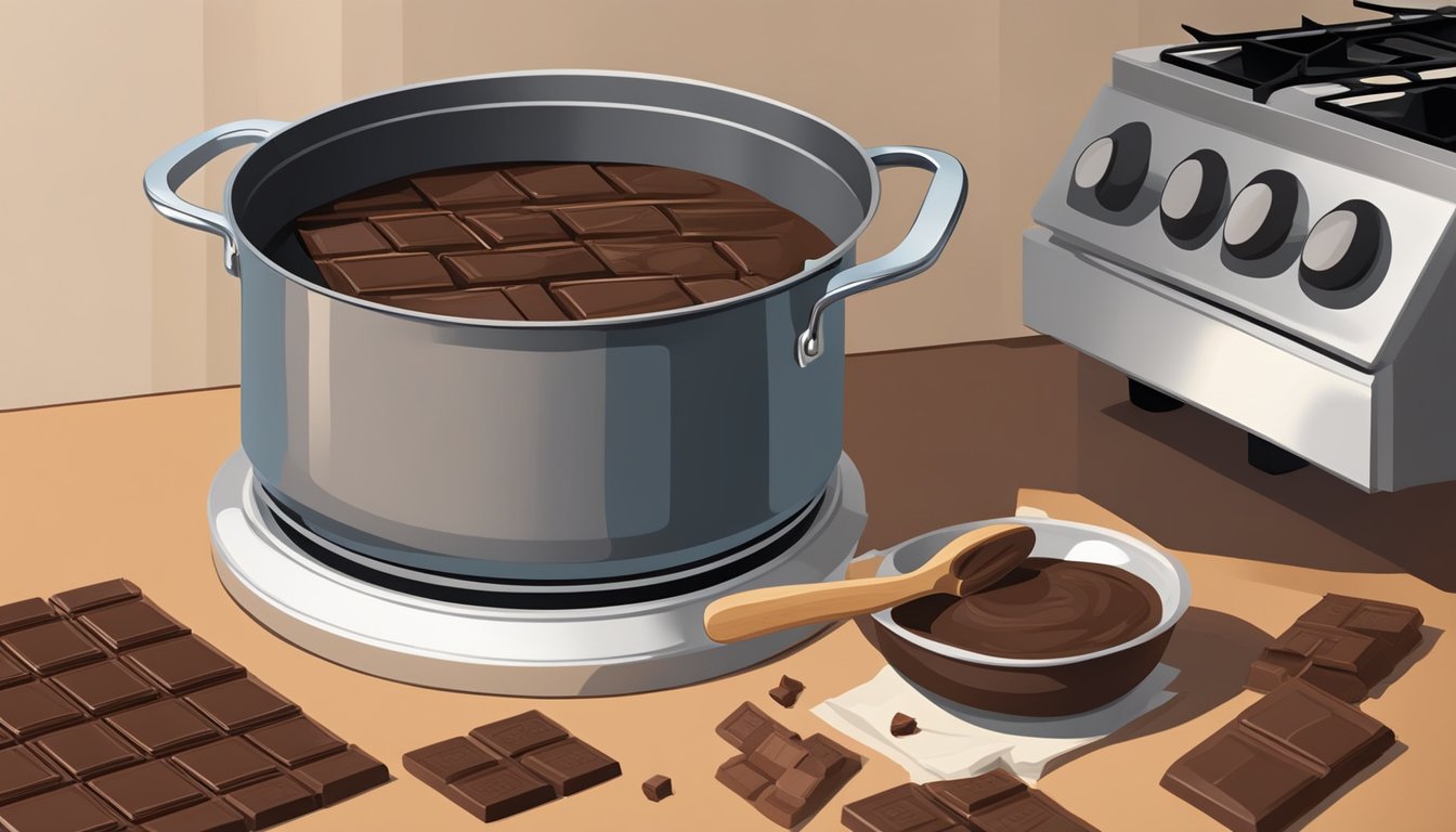 A pot on a stove with burnt chocolate, a wooden spoon, and various types of chocolate bars spread out on a counter