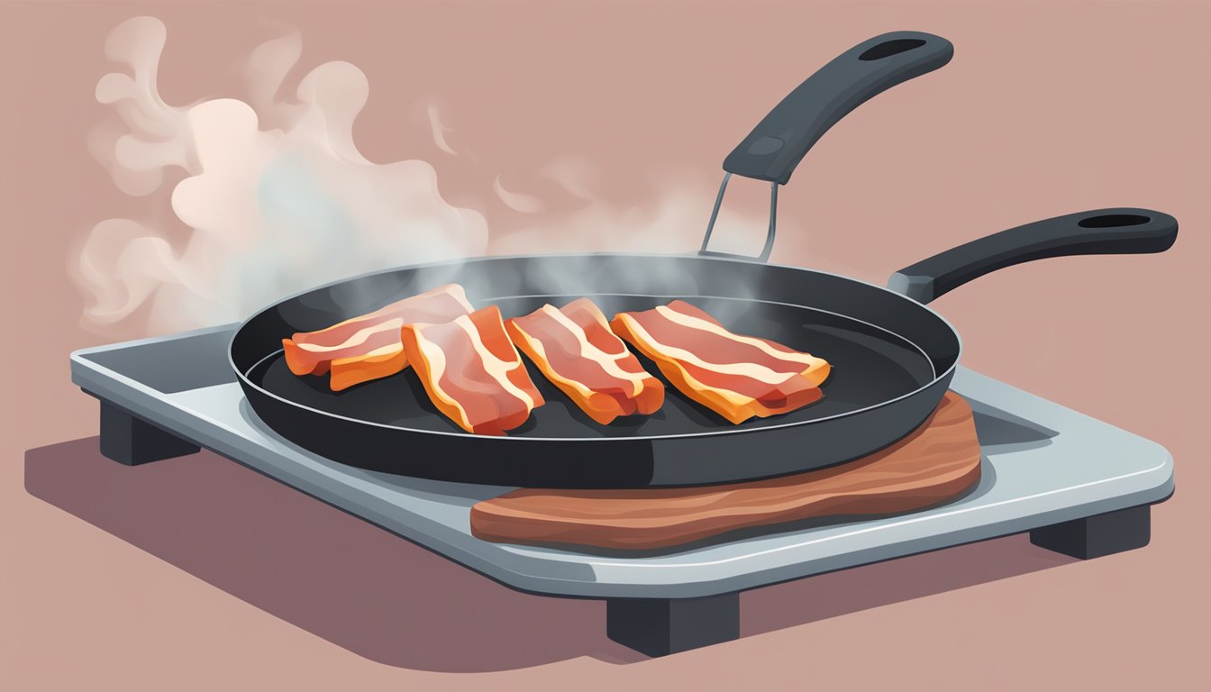 Overcooked bacon on a sizzling hot pan, smoke rising, with a spatula lifting it off the heat