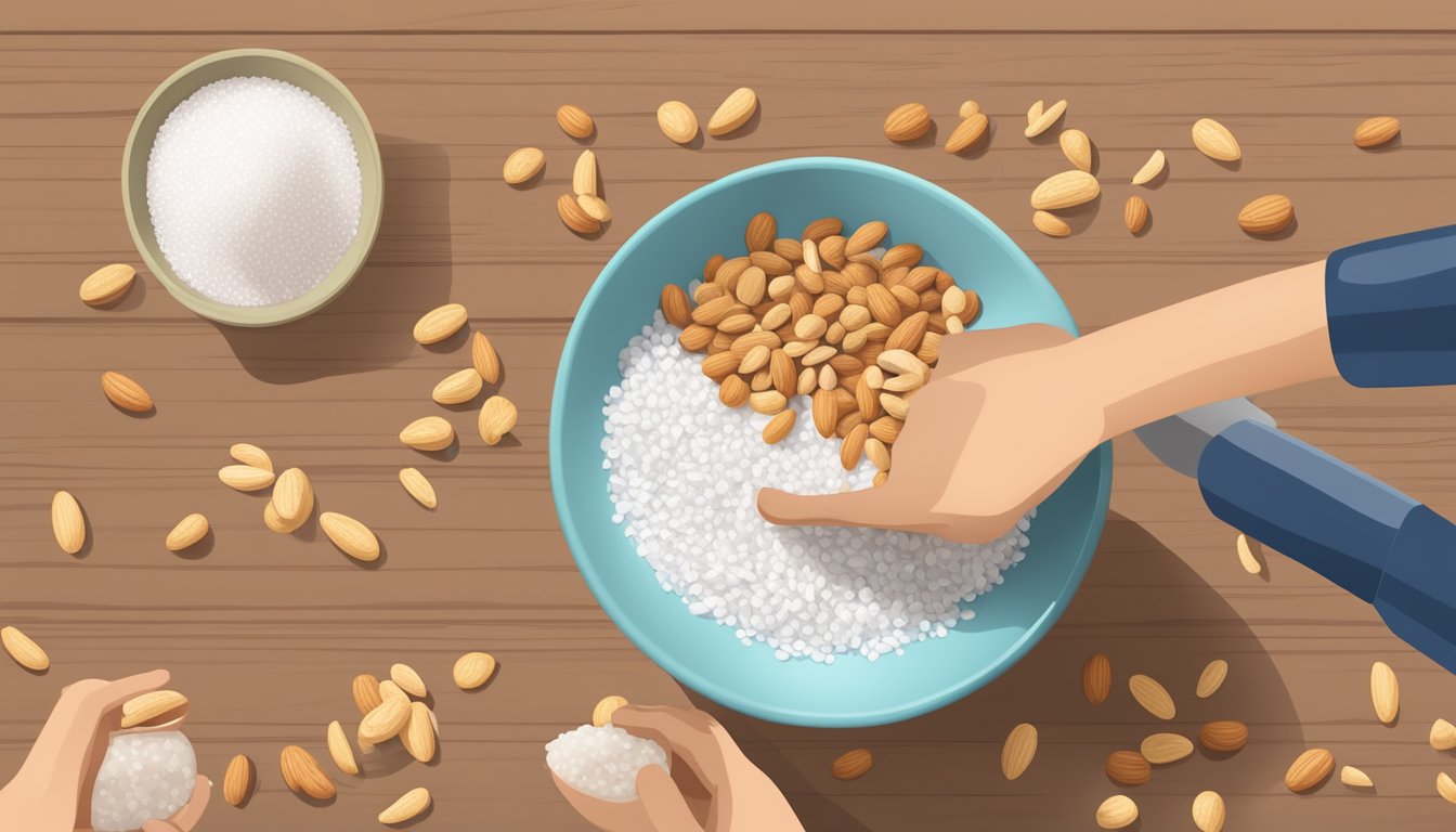 A hand pouring unsalted nuts into a bowl, next to a pile of discarded salt and a nutrition label