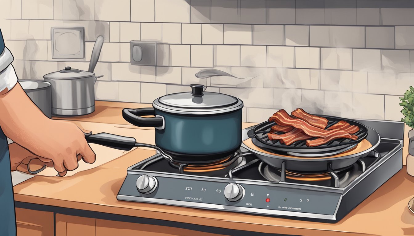 A timer beeping as a hand turns off the stove under a smoking pan of bacon