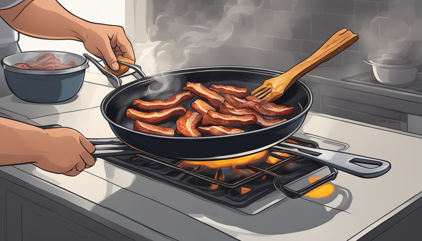 A hand reaches into a sizzling pan, lifting out charred bacon with tongs